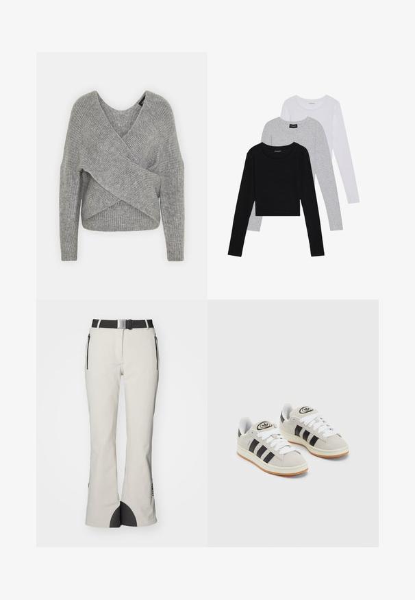 Grijze wikkeltrui met een diepe V-hals, lange mouwen en ribbelstructuur. Gemaakt van een zachte gebreide stof met een gelaagd, asymmetrisch ontwerp.; Drie langmouwige tops gestapeld: zwart, grijs en wit. Elke top heeft een ronde halslijn en een cropped ontwerp van soepel, lichtgewicht materiaal.; Lichtgrijze sneeuwbroek van textiel, met een zwarte tailleband, zijzakken met rits en zwarte accenten aan de zoom.; Grijze nubucklederen sneakers met witte veters, zwarte strepen en een witte rubberen zool. Bevat een rond logo op de tong en een gumzool.
