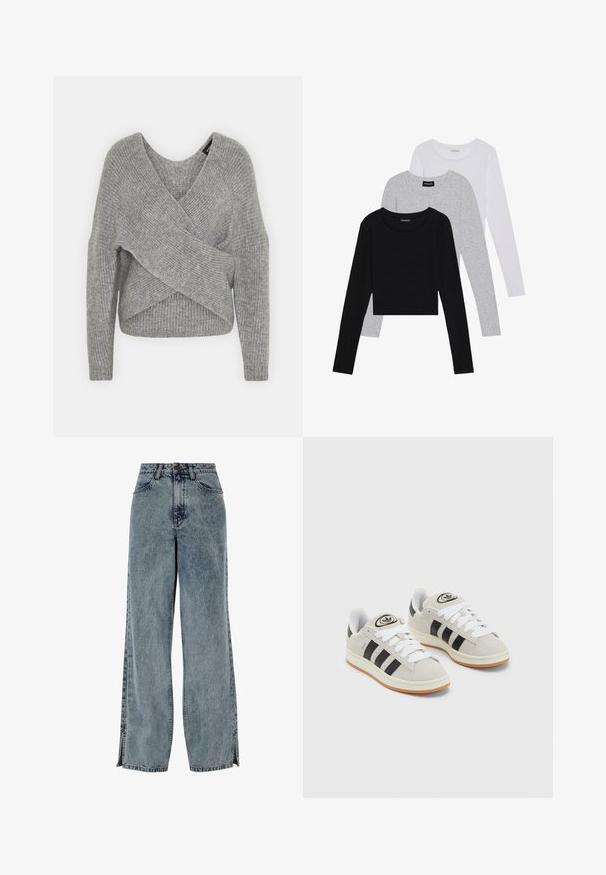 Gray wrap sweater with a deep V-neck, long sleeves, and ribbed texture. Made from a soft knit material with a layered, asymmetrical design.; Three long-sleeve tops stacked: black, grey, and white. Each has a round neckline and a cropped design with smooth, lightweight fabric.; Wide-leg light blue denim jeans with a faded wash, featuring front pockets, a button closure, and side slit details at the hem.; Gray suede sneakers with white laces, black stripes, and a white rubber sole. Features a circular logo on the tongue and a gum sole.