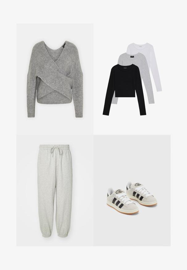Szürke, mély V kivágású, hosszú ujjú kötött pulóver, bordás textúrával. Puha kötött anyagból készült, réteges, aszimmetrikus dizájnnal.; Három hosszú ujjú póló egymásra rakva: fekete, szürke és fehér. Mindegyiknek kerek nyaka van, és rövidített fazonnal rendelkezik, sima, könnyű anyagból készült.; GAP BAGGY - Tréningruha alsók - light heather grey; Szürke velúr sportcipők fehér fűzővel, fekete csíkokkal és fehér gumitalppal. A nyelvén kör alakú logó található, illetve a talpa színes gumi.
