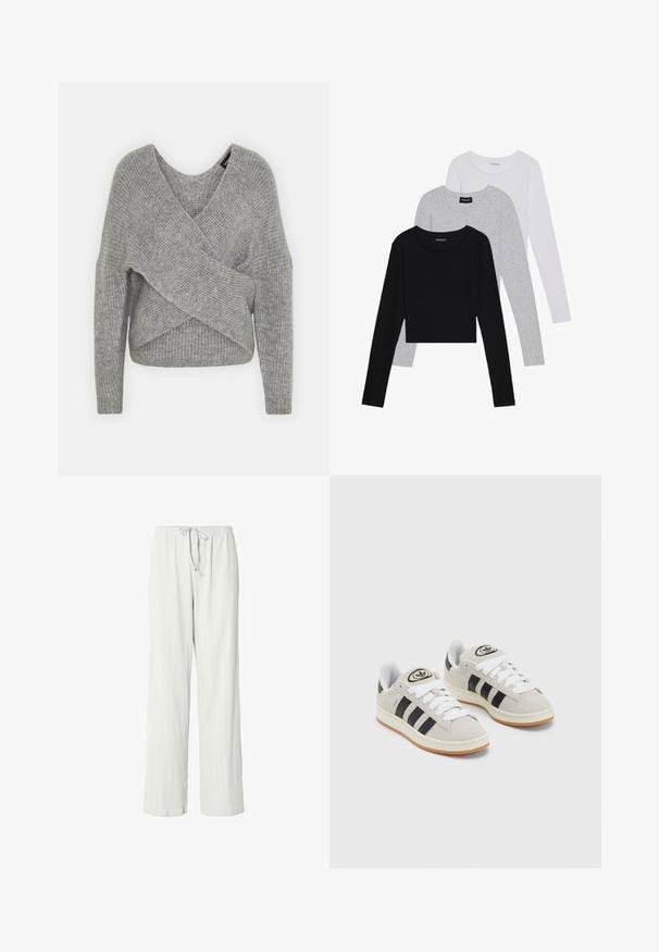 Grijze wikkeltrui met een diepe V-hals, lange mouwen en ribbelstructuur. Gemaakt van een zachte gebreide stof met een gelaagd, asymmetrisch ontwerp.; Drie langmouwige tops gestapeld: zwart, grijs en wit. Elke top heeft een ronde halslijn en een cropped ontwerp van soepel, lichtgewicht materiaal.; Lichtgrijze pyjamabroek met een ontspannen pasvorm, ribbelstructuur, elastische tailleband en verstelbare koord. Volledige lengte en gladde stof.; Grijze nubucklederen sneakers met witte veters, zwarte strepen en een witte rubberen zool. Bevat een rond logo op de tong en een gumzool.