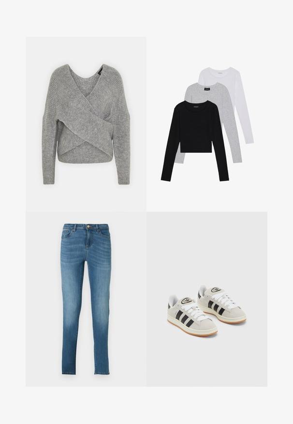Szürke, mély V kivágású, hosszú ujjú kötött pulóver, bordás textúrával. Puha kötött anyagból készült, réteges, aszimmetrikus dizájnnal.; Három hosszú ujjú póló egymásra rakva: fekete, szürke és fehér. Mindegyiknek kerek nyaka van, és rövidített fazonnal rendelkezik, sima, könnyű anyagból készült.; Fénykék kék denim anyagú, elhasználódott hatású skinny farmernadrág, öt zsebbel, fém gombos záródással és diszkrét varrási részletekkel. Egyenes szárú.; Szürke velúr sportcipők fehér fűzővel, fekete csíkokkal és fehér gumitalppal. A nyelvén kör alakú logó található, illetve a talpa színes gumi.