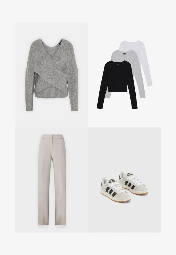 Gray wrap sweater with a deep V-neck, long sleeves, and ribbed texture. Made from a soft knit material with a layered, asymmetrical design.; Three long-sleeve tops stacked: black, grey, and white. Each has a round neckline and a cropped design with smooth, lightweight fabric.; Light beige tailored trousers with a straight leg design. Crafted from textured fabric, featuring a flat front and belt loops.; Gray suede sneakers with white laces, black stripes, and a white rubber sole. Features a circular logo on the tongue and a gum sole.