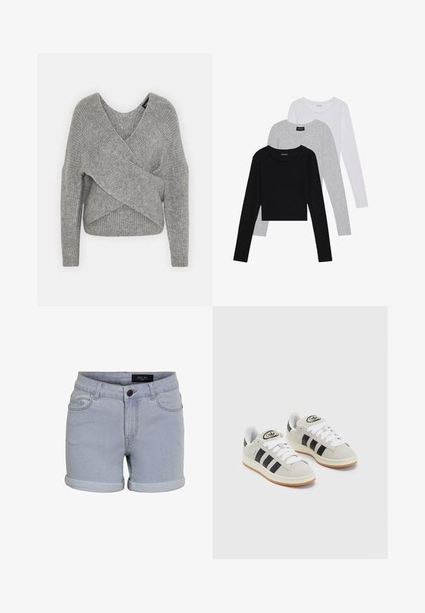 Sivý cardigan s hlbokým V- výstrihom, dlhými rukávmi a rebrovanou textúrou. Vyrobený z mäkkého pleteného materiálu s viacvrstvovým, asymetrickým dizajnom.; Tričko s dlhým rukávom v troch farbách: čiernej, sivej a bielej. Každé má okrúhly výstrih a skrátený strih vyrobený z hladkej, ľahkej tkaniny.; Svetlomodré džínsové šortky s roleným lemom, ktoré majú päť vreciek a zapínanie na gombík. Tkanina má hladkú textúru a jemné detaily prešívania.; Sivé semišové tenisky s bielymi šnúrkami, čiernymi pruhmi a bielou gumovou podrážkou. Obsahujú okrúhly logo na jazyku a gumenú podrážku.