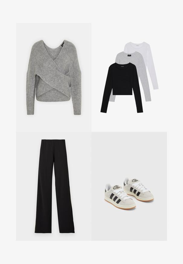 Gray wrap sweater with a deep V-neck, long sleeves, and ribbed texture. Made from a soft knit material with a layered, asymmetrical design.; Three long-sleeve tops stacked: black, grey, and white. Each has a round neckline and a cropped design with smooth, lightweight fabric.; Black wide-leg pants made of soft fabric, featuring an elastic waistband and a smooth texture with a clean silhouette.; Gray suede sneakers with white laces, black stripes, and a white rubber sole. Features a circular logo on the tongue and a gum sole.