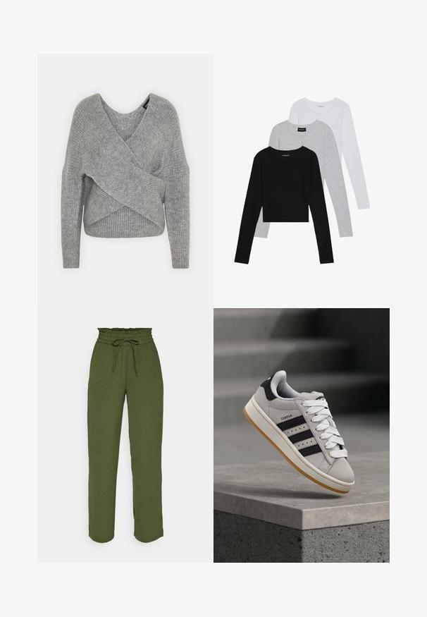 Grå omslagssweater med dyp V-hals, lange ermer og ribbestruktur. Laget av et mykt strikket materiale med et lagdelt, asymmetrisk design.; Tre lange ermer t-skjorter stablet: svart, grå og hvit. Hver har en rund hals og et kort design med glatt, lett stoff.; VILA VITIFF STRAIGHT PANT - Bukse - kalamata; Grå Adidas Campus-sneakers med svarte striper og hvite lisser som svever over en betongkant med trapper i bakgrunnen.