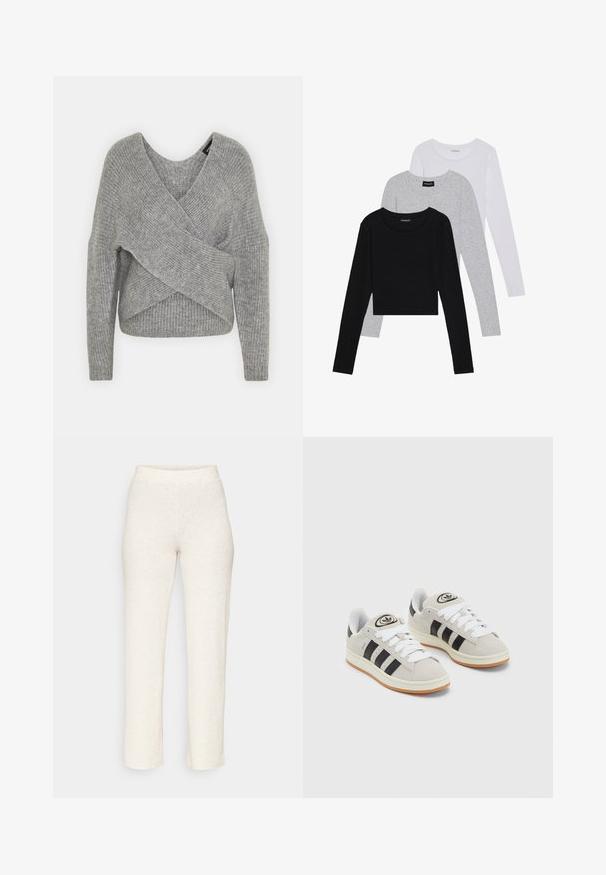 Hallide hallhargus, sügava V-kaelusega, pikkade varrukatega ja ribatrepiga. Valmistatud pehmest kudumismetallist, millel on kihiline, asümmeetriline disain.; Kolm pikkade varrukatega toppi, mis on üksteise peale asetatud: must, hall ja valge. Igal ühel on ümar kaelus ja lühike disain, valmistatud siledast, kergekaalulisest kangast.; Kreemjas värvuses ribikujulised püksid, millel on figuuri kohandav vöökoht ja sirged jalad, valmistatud pehmest, tekstuuritud kangast. Ilma nähtavate mustrite või aktsendita.; Hallid hallid nahkrennid valgete paeltega, mustade triipudega ja valge kummitaldiga. Omab ümmargust logo keeles ja kummitalda.