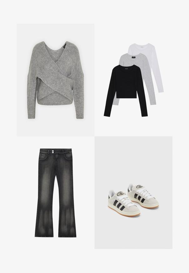 Grå omslagssweater med dyp V-hals, lange ermer og ribbestruktur. Laget av et mykt strikket materiale med et lagdelt, asymmetrisk design.; Tre lange ermer t-skjorter stablet: svart, grå og hvit. Hver har en rund hals og et kort design med glatt, lett stoff.; Svarte flarejeans laget av denim med en lett falmet finish, med to frontlommer og knappelukking i midjen.; Grå semsket sneakers med hvite lisser, svarte striper og en hvit gummisåle. Har en sirkulær logo på tungen og en gummisåle.