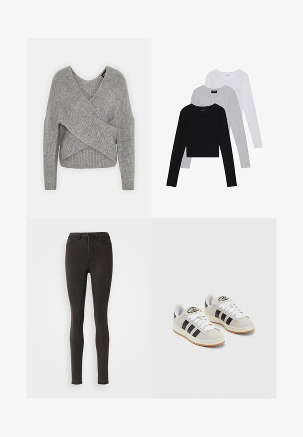 Šedý svetr s volnějším V-výstřihem, dlouhými rukávy a žebrovanou strukturou. Vyrobeno z měkké pleteniny s vrstveným, asymetrickým designem.; Tři trička s dlouhým rukávem naskládaná na sobě: černé, šedé a bílé. Každé má kulatý výstřih a kratší střih z hladkého, lehkého materiálu.; Úzké džíny z tmavého černého denimu, s vysokým pasem, zapínáním vpředu na knoflíky a čtyřmi kapsami. Tkanina má hladký, mírně texturovaný povrch.; Šedé semišové tenisky s bílými tkaničkami, černými pruhy a bílou gumovou podrážkou. Mají kulaté logo na jazyku a gumovou podrážku.