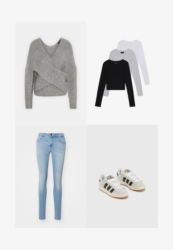 Pelēka apvalka džemperis ar dziļu V veida kakla izgriezumu, garām piedurknēm un ribu tekstūru. Izgatavots no mīksta adījuma materiāla ar slāņotu, asimetrisku dizainu.; Trīs garām piedurknēm veidotas augšdaļas, sakrautās: melna, pelēka un balta. Katram ir noapaļots kakla izgriezums un īsa dizaina forma ar gludu, vieglu audumu.; Gai zili džinsus, kas izgatavoti no denima, ar augstu vidukli, piecu kabatu dizainu un vieglu nodiluma efektu, lai radītu ikdienišķu izskatu.; Pelēkas zamšādas kedas ar baltām saites, melnām svītrām un baltu gumijas zoli. Raksturīga apļa logo uz mēles un gumijas zole.