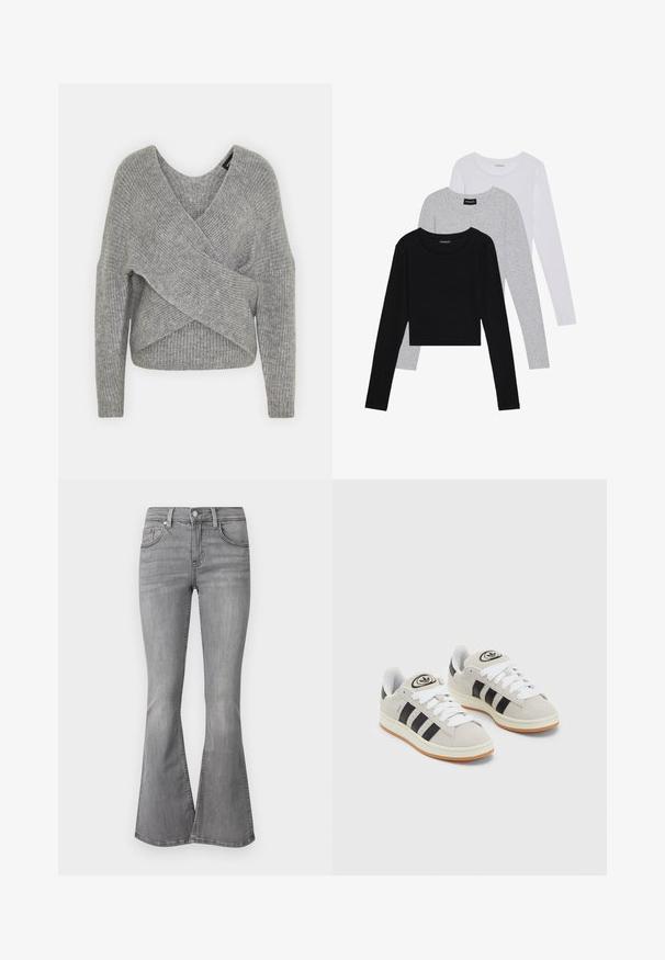 Harmaa neulejakku, jossa on syvä V-kaula-aukko, pitkät hihat ja ribboitu pinta. Valmistettu pehmeästä neuloksesta, jossa on kerroksellinen ja epäsymmetrinen muotoilu.; Kolme pitkähihasta paita päällekkäin: musta, harmaa ja valkoinen. Jokaisessa on pyöreä pääntie ja lyhennetty muotoilu, jossa on sileä ja kevyt kangas.; Gina Tricot LOW WAIST - Bootcut-farkut - grey; Harmaat mokkasiinikenkä, joissa on valkoiset nauhat, mustat raidat ja valkoinen kumipohja. Kantajassa on pyöreä logo ja vaaleanruskea pohja.