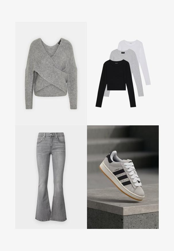 Harmaa neulejakku, jossa on syvä V-kaula-aukko, pitkät hihat ja ribboitu pinta. Valmistettu pehmeästä neuloksesta, jossa on kerroksellinen ja epäsymmetrinen muotoilu.; Kolme pitkähihasta paita päällekkäin: musta, harmaa ja valkoinen. Jokaisessa on pyöreä pääntie ja lyhennetty muotoilu, jossa on sileä ja kevyt kangas.; Gina Tricot LOW WAIST - Bootcut-farkut - grey; Harmaa Adidas Campus -tennari mustilla raidoilla ja valkoisilla nauhoilla leijumassa betonikaiteen yläpuolella, taustalla portaat.