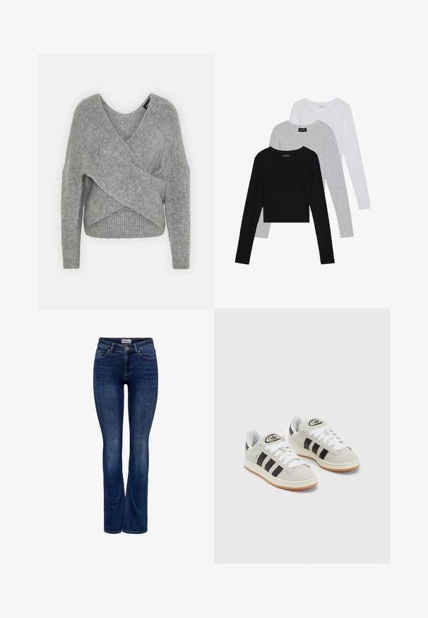 Sivý cardigan s hlbokým V- výstrihom, dlhými rukávmi a rebrovanou textúrou. Vyrobený z mäkkého pleteného materiálu s viacvrstvovým, asymetrickým dizajnom.; Tričko s dlhým rukávom v troch farbách: čiernej, sivej a bielej. Každé má okrúhly výstrih a skrátený strih vyrobený z hladkej, ľahkej tkaniny.; Tmavomodré denimové jeansy s jemným vyblednutím, dizajn s piatimi vreckami, zapínanie na gombík a strih bootcut, označené "ONLY" na pása.; Sivé semišové tenisky s bielymi šnúrkami, čiernymi pruhmi a bielou gumovou podrážkou. Obsahujú okrúhly logo na jazyku a gumenú podrážku.