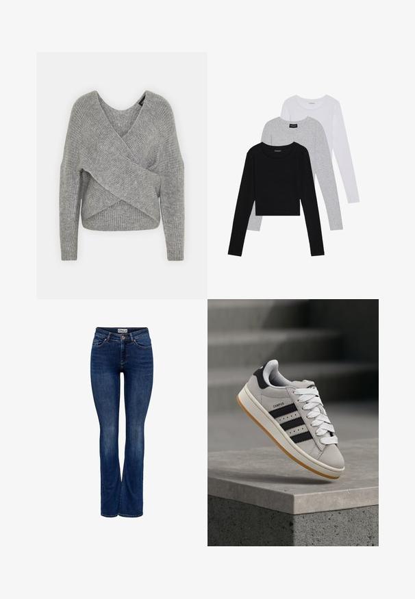 Harmaa neulejakku, jossa on syvä V-kaula-aukko, pitkät hihat ja ribboitu pinta. Valmistettu pehmeästä neuloksesta, jossa on kerroksellinen ja epäsymmetrinen muotoilu.; Kolme pitkähihasta paita päällekkäin: musta, harmaa ja valkoinen. Jokaisessa on pyöreä pääntie ja lyhennetty muotoilu, jossa on sileä ja kevyt kangas.; Tummansininen farkkukangas, jossa on hieman kulumaa, viisi taskua, napin suljenta ja bootcut-housujen tyyli, vyötäröllä on merkintä "ONLY".; Harmaa Adidas Campus -tennari mustilla raidoilla ja valkoisilla nauhoilla leijumassa betonikaiteen yläpuolella, taustalla portaat.