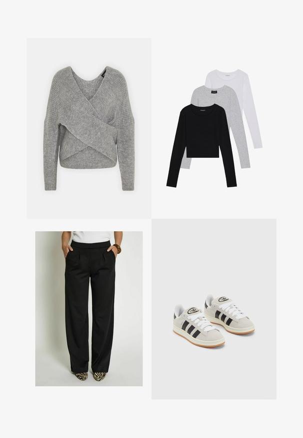 Harmaa neulejakku, jossa on syvä V-kaula-aukko, pitkät hihat ja ribboitu pinta. Valmistettu pehmeästä neuloksesta, jossa on kerroksellinen ja epäsymmetrinen muotoilu.; Kolme pitkähihasta paita päällekkäin: musta, harmaa ja valkoinen. Jokaisessa on pyöreä pääntie ja lyhennetty muotoilu, jossa on sileä ja kevyt kangas.; Desires Housut - black; Harmaat mokkasiinikenkä, joissa on valkoiset nauhat, mustat raidat ja valkoinen kumipohja. Kantajassa on pyöreä logo ja vaaleanruskea pohja.