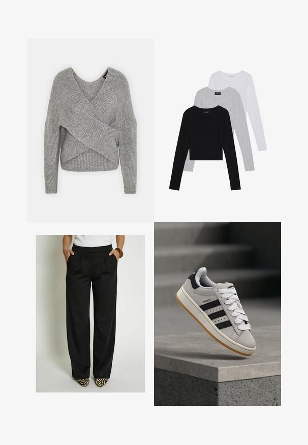 Siva omotana vestica s dubokim V-izrezom, dugim rukavima i rebrastom teksturom. Izrađena od mekog pletenog materijala s slojevitim, asimetričnim dizajnom.; Tri dugih rukava posložena: crna, siva i bijela. Svaka ima okrugli izrez i skrateni kroj s glatkom, laganom tkaninom.; Desires Hlače - black; Siva Adidas Campus tenisica s crnim prugama i bijelim vezicama lebdi iznad betonskog ruba s ljestvama u pozadini.
