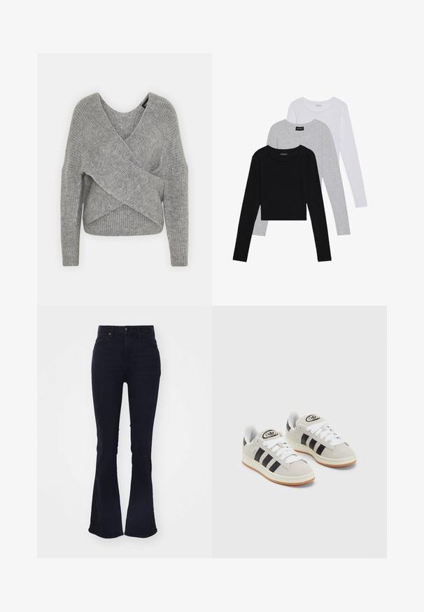 Gray wrap sweater with a deep V-neck, long sleeves, and ribbed texture. Made from a soft knit material with a layered, asymmetrical design.; Three long-sleeve tops stacked: black, grey, and white. Each has a round neckline and a cropped design with smooth, lightweight fabric.; Dark blue flared jeans with a high waist, made of denim, featuring classic five-pocket styling and a zip fly closure.; Gray suede sneakers with white laces, black stripes, and a white rubber sole. Features a circular logo on the tongue and a gum sole.