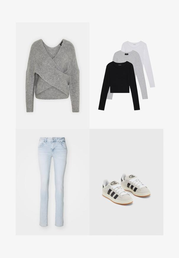 Siva omotana vestica s dubokim V-izrezom, dugim rukavima i rebrastom teksturom. Izrađena od mekog pletenog materijala s slojevitim, asimetričnim dizajnom.; Tri dugih rukava posložena: crna, siva i bijela. Svaka ima okrugli izrez i skrateni kroj s glatkom, laganom tkaninom.; Svijetloplave traperice slim kroja, klasičnog dizajna s pet džepova i jednobrojnim zatvaranjem. Glatka tekstura i minimalni efekti izblijeđivanja.; Sive suede tenisice s bijelim vezicama, crnim prugama i bijelim gumiranim potplatom. Imaju kružni logo na jeziku i gumeni potplat.