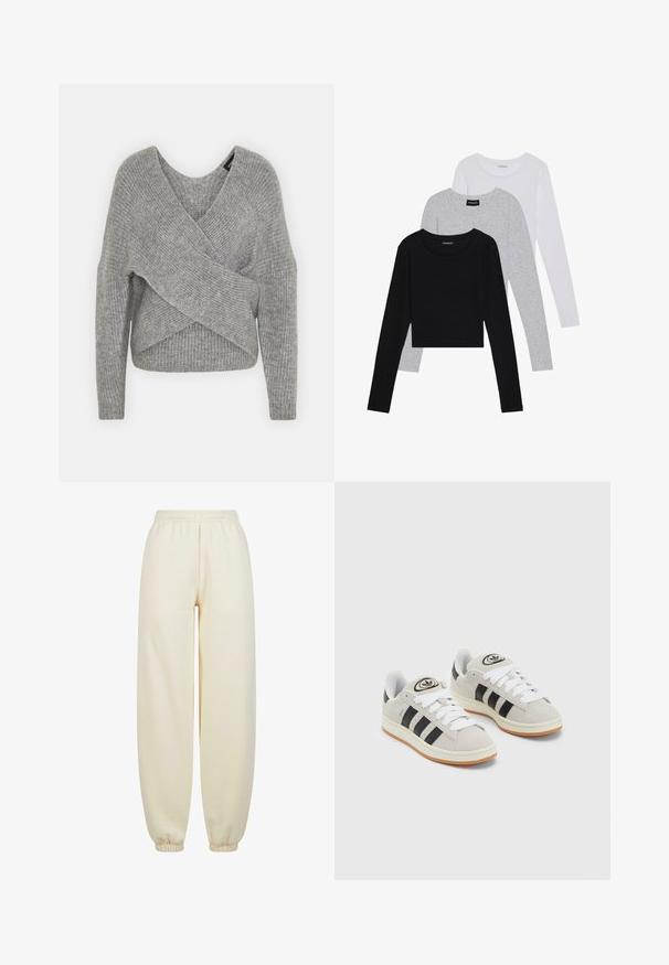 Gray wrap sweater with a deep V-neck, long sleeves, and ribbed texture. Made from a soft knit material with a layered, asymmetrical design.; Three long-sleeve tops stacked: black, grey, and white. Each has a round neckline and a cropped design with smooth, lightweight fabric.; Cream-colored jogger pants made of soft fabric, featuring a wide-leg design, elastic waistband, and fitted cuffs at the ankles.; Gray suede sneakers with white laces, black stripes, and a white rubber sole. Features a circular logo on the tongue and a gum sole.