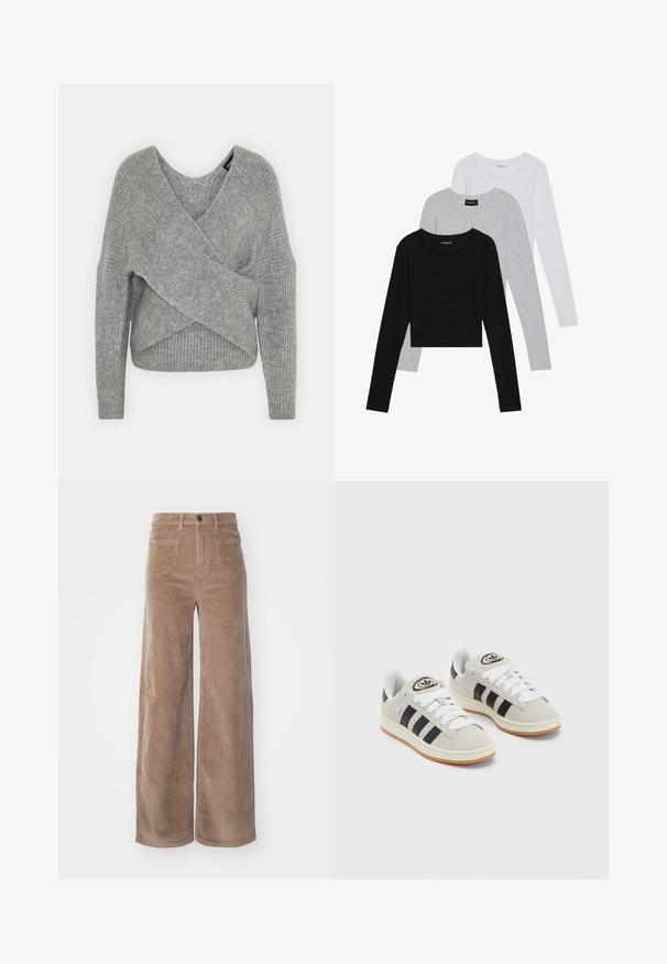 Gray wrap sweater with a deep V-neck, long sleeves, and ribbed texture. Made from a soft knit material with a layered, asymmetrical design.; Three long-sleeve tops stacked: black, grey, and white. Each has a round neckline and a cropped design with smooth, lightweight fabric.; ONLY HOPE GLOBAL HW EBBA POCKETS - Trousers - fossil; Gray suede sneakers with white laces, black stripes, and a white rubber sole. Features a circular logo on the tongue and a gum sole.