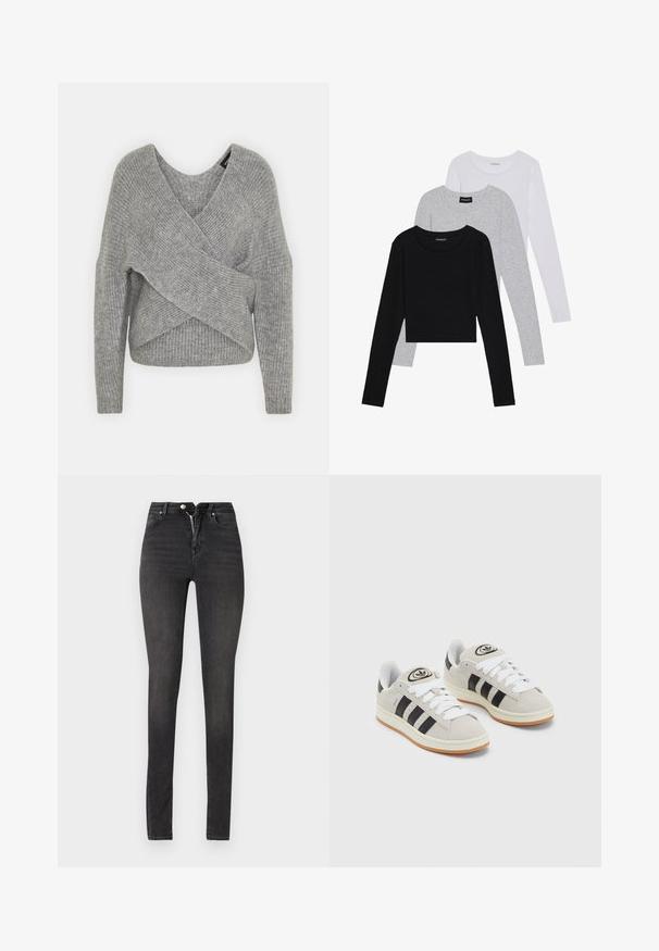 Szürke, mély V kivágású, hosszú ujjú kötött pulóver, bordás textúrával. Puha kötött anyagból készült, réteges, aszimmetrikus dizájnnal.; Három hosszú ujjú póló egymásra rakva: fekete, szürke és fehér. Mindegyiknek kerek nyaka van, és rövidített fazonnal rendelkezik, sima, könnyű anyagból készült.; Fekete, magas derekú skinny farmernadrág, cipzáras záródással, öt zsebes kialakítással és sima textúrával, enyhe kopással.; Szürke velúr sportcipők fehér fűzővel, fekete csíkokkal és fehér gumitalppal. A nyelvén kör alakú logó található, illetve a talpa színes gumi.