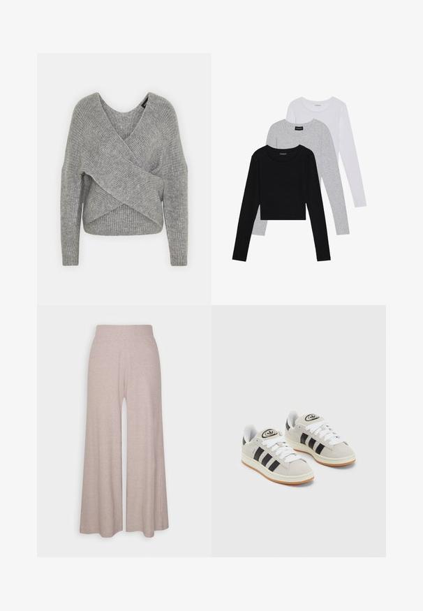 Grå omslagströja med djup V-ringning, långa ärmar och ribbad struktur. Tillverkad av ett mjukt stickat material med en lager-på-lager, asymmetrisk design.; Tre långärmade tröjor staplade: svart, grå och vit. Var och en har en rund halsringning och en kort design med mjukt, lätt material.; Ljust grå vida byxor gjorda av mjukt, ribbat tyg, med hög midja och hel längd på benen med subtil textur.; Grå mocka sneakers med vita snören, svarta ränder och en vit gummisula. Har en rund logo på tungan och en gummisula.