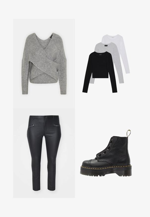 Grå omslagströja med djup V-ringning, långa ärmar och ribbad struktur. Tillverkad av ett mjukt stickat material med en lager-på-lager, asymmetrisk design.; Tre långärmade tröjor staplade: svart, grå och vit. Var och en har en rund halsringning och en kort design med mjukt, lätt material.; Svarta läderliknande byxor med slim fit, dragkedjefickor framtill och tunna horisontella sömmar nära anklarna. Slät textur genom hela byxorna.; Svart läderankelboot med texturerad yta, rund tå, snörningsdesign, gul stygn och en tjock, mönstrad svart plattformssula.