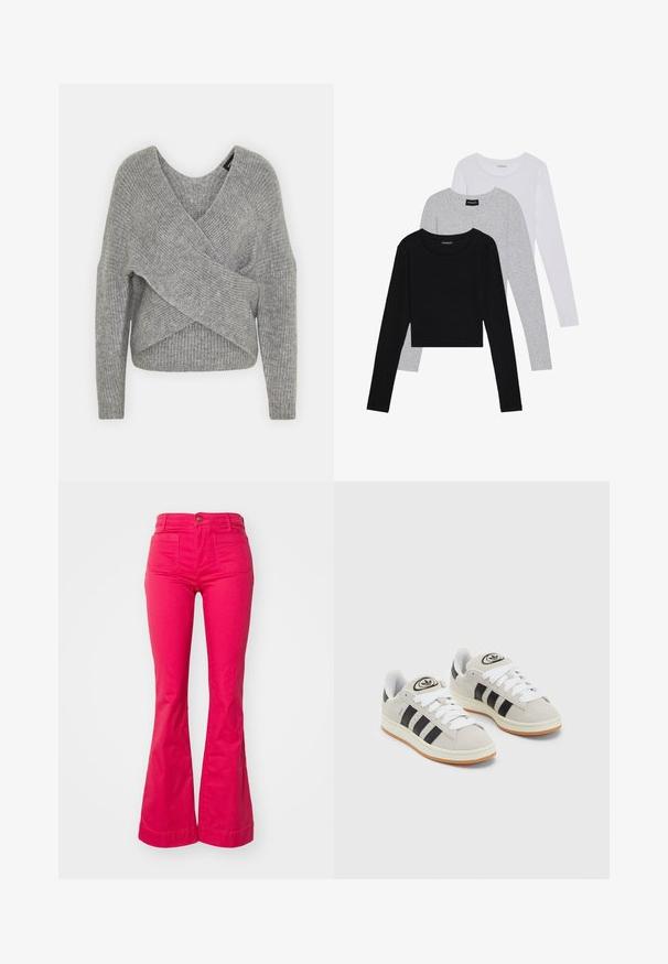 Pull en gris avec un col en V profond, des manches longues et une texture côtelée. Fabriqué en matériau tricoté doux avec un design asymétrique superposé.; Trois hauts à manches longues empilés : noir, gris et blanc. Chacun a un col rond et un design court avec un tissu lisse et léger.; Jean évasé rose à taille haute, fabriqué en coton. Les caractéristiques incluent cinq poches et une texture lisse. L'ourlet est légèrement large.; Baskets en suède gris avec des lacets blancs, des rayures noires et une semelle en caoutchouc blanc. Présentent un logo circulaire sur la languette et une semelle en gomme.