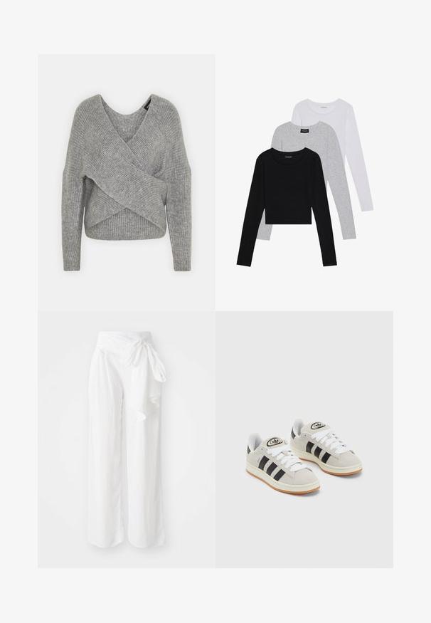 Grå omslagssweater med dyp V-hals, lange ermer og ribbestruktur. Laget av et mykt strikket materiale med et lagdelt, asymmetrisk design.; Tre lange ermer t-skjorter stablet: svart, grå og hvit. Hver har en rund hals og et kort design med glatt, lett stoff.; Hvite vide bukser laget av et mykt, lett stoff. Har en knyttet midje og en flytende, drapert design for enkel bevegelse.; Grå semsket sneakers med hvite lisser, svarte striper og en hvit gummisåle. Har en sirkulær logo på tungen og en gummisåle.