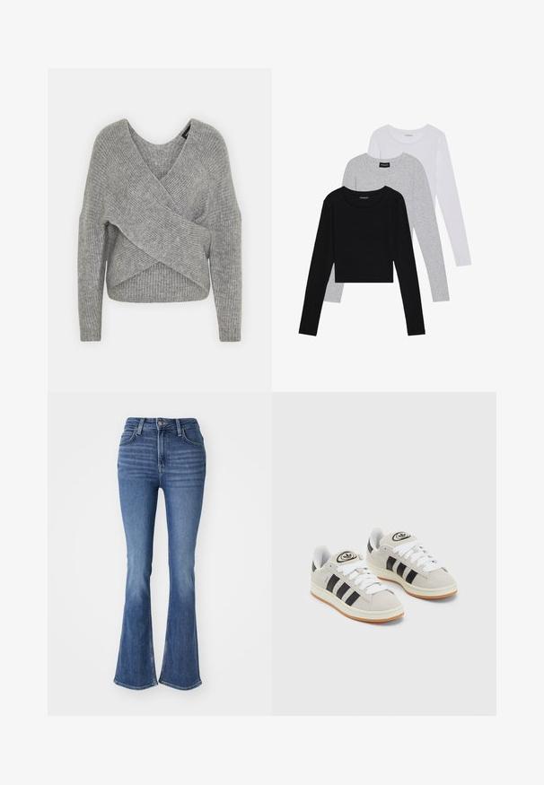 Grå indpakningssweater med dyb V-udskæring, lange ærmer og ribbet tekstur. Fremstillet i et blødt strikkemateriale med et lagdelt, asymmetrisk design.; Tre langærmede toppe stablet: sort, grå og hvid. Hver har en rund halsudskæring og et cropped design med glat, let stof.; Højtaljede blå denimjeans med flared skæring, femlommesdesign og falmet detaljering på lår og knæ.; Grå ruskinds sneakers med hvide snørebånd, sorte striber og en hvid gummisål. Har et rundt logo på tungen og en gummisål.