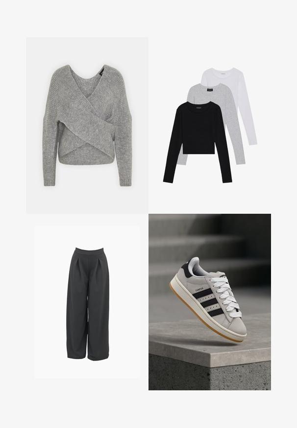 Harmaa neulejakku, jossa on syvä V-kaula-aukko, pitkät hihat ja ribboitu pinta. Valmistettu pehmeästä neuloksesta, jossa on kerroksellinen ja epäsymmetrinen muotoilu.; Kolme pitkähihasta paita päällekkäin: musta, harmaa ja valkoinen. Jokaisessa on pyöreä pääntie ja lyhennetty muotoilu, jossa on sileä ja kevyt kangas.; Housut leveällä lahkeella tummanharmaana, joissa on korkea vyötärö, etupleatit ja sileä kangastuntuma. Muotoiltu malli, jossa on löysä istuvuus.; Harmaa Adidas Campus -tennari mustilla raidoilla ja valkoisilla nauhoilla leijumassa betonikaiteen yläpuolella, taustalla portaat.