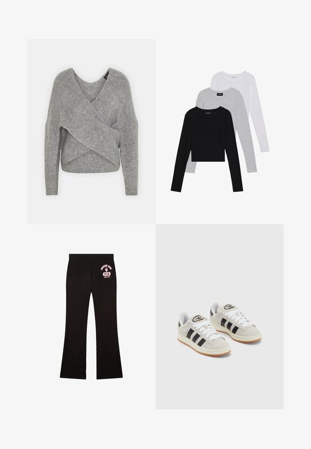 Grijze wikkeltrui met een diepe V-hals, lange mouwen en ribbelstructuur. Gemaakt van een zachte gebreide stof met een gelaagd, asymmetrisch ontwerp.; Drie langmouwige tops gestapeld: zwart, grijs en wit. Elke top heeft een ronde halslijn en een cropped ontwerp van soepel, lichtgewicht materiaal.; Zwarte flared broek van rekbare stof. Kenmerkt een roze grafische print op de heup met tekst: "AMERICAN MADE 213 JUICY."; Grijze nubucklederen sneakers met witte veters, zwarte strepen en een witte rubberen zool. Bevat een rond logo op de tong en een gumzool.