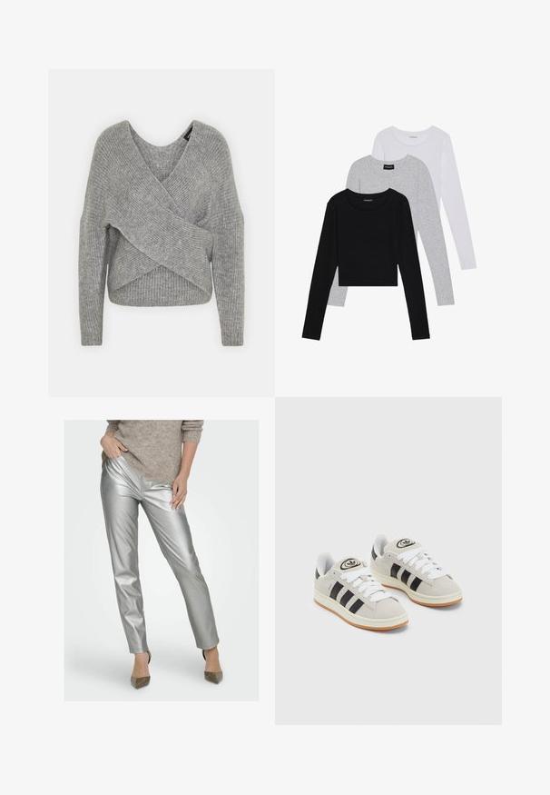 Siva ovitek pulover z globokim V-izrezom, dolgimi rokavi in ribasto teksturo. Narejen iz mehke pletene tkanine z plastnim, asimetričnim dizajnom.; Tri dolga rokava zložena: črna, siva in bela. Vsaka ima okroglo izreznico in skrajšan dizajn z gladkim, lahkotnim materialom.; Srebrni metalni tesno prilegajoči hlače z gladko teksturo in subtilnimi gubami. Nosi se z svetlo rjavo pleteno majico in špicastimi petami.; Sive športne čevlje iz semiša z belimi vezalkami, črnimi črtami in belim gumijastim podplatom. Imajo okroglo oznako na ježku in podplat iz gume.