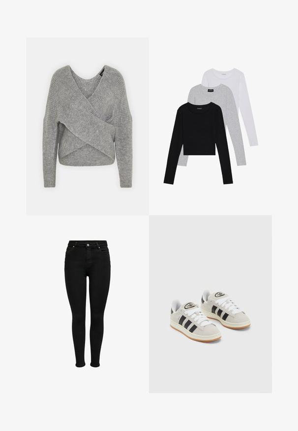 Hallide hallhargus, sügava V-kaelusega, pikkade varrukatega ja ribatrepiga. Valmistatud pehmest kudumismetallist, millel on kihiline, asümmeetriline disain.; Kolm pikkade varrukatega toppi, mis on üksteise peale asetatud: must, hall ja valge. Igal ühel on ümar kaelus ja lühike disain, valmistatud siledast, kergekaalulisest kangast.; Mustad ja kõrge vöökohtadega skinny teksapüksid, millel on ees nupp, vöökohad ja viie tasku kujundus, esitatud valge tausta ees.; Hallid hallid nahkrennid valgete paeltega, mustade triipudega ja valge kummitaldiga. Omab ümmargust logo keeles ja kummitalda.