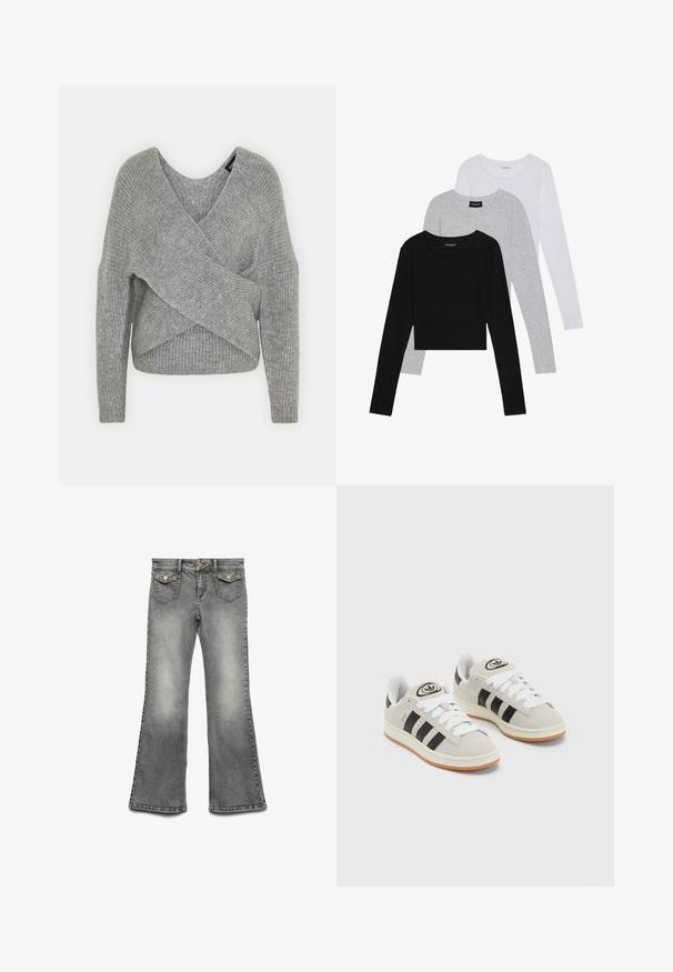 Pilkas aptraukiamas megztinis su giliu V formos iškirpimu, ilgomis rankovėmis ir riešutiniu tekstūru. Pagamintas iš minkštos megztos medžiagos su sluoksniuota, asimetrine konstrukcija.; Trijų ilgomis rankovėmis marškinėlių krūva: juodas, pilkas ir baltas. Kiekvienas turi apvalų iškirpimą ir trumpą dizainą, pagamintas iš lygaus, lengvo audinio.; Pilka džinsinė flared kelnės su išblukusiu plovimu, penkių kišenių dizainu ir kontrastinga auksinės spalvos aparatūra. Tiesus juosmuo su mygtuko uždarymu.; Grynos zomšos sneakeriai su baltais raišteliais, juodomis juostelėmis ir balta gumine sole. Turintys apskritą logotipą ant liežuvėlio ir guminę sole.