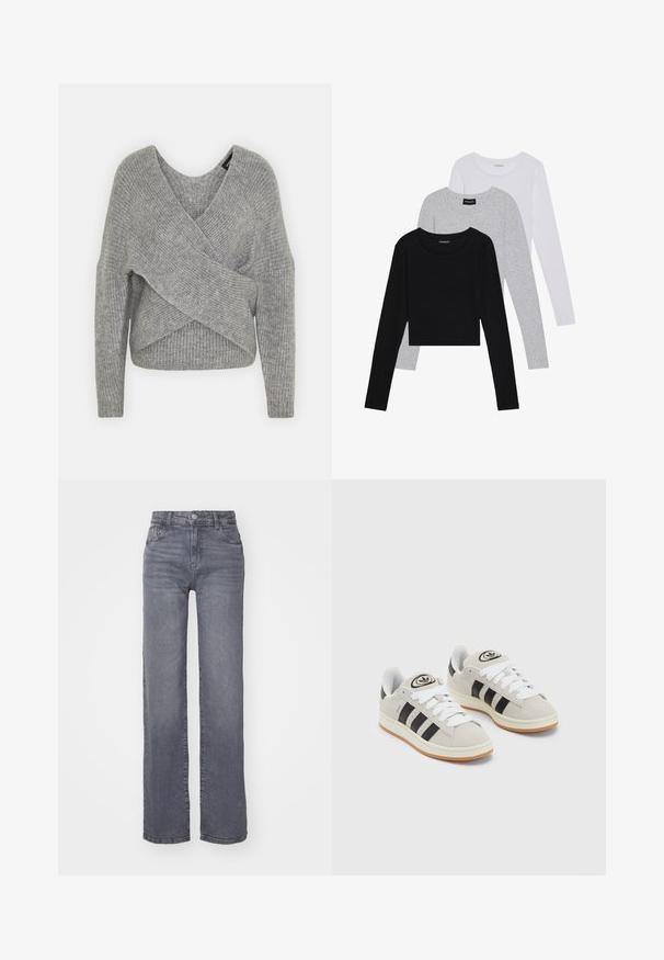 Hallide hallhargus, sügava V-kaelusega, pikkade varrukatega ja ribatrepiga. Valmistatud pehmest kudumismetallist, millel on kihiline, asümmeetriline disain.; Kolm pikkade varrukatega toppi, mis on üksteise peale asetatud: must, hall ja valge. Igal ühel on ümar kaelus ja lühike disain, valmistatud siledast, kergekaalulisest kangast.; Hallid hallid laiad teksad, mis on valmistatud siledast denimist, sisaldavad nööpi ja tõmblukku ning viis taskut.; Hallid hallid nahkrennid valgete paeltega, mustade triipudega ja valge kummitaldiga. Omab ümmargust logo keeles ja kummitalda.