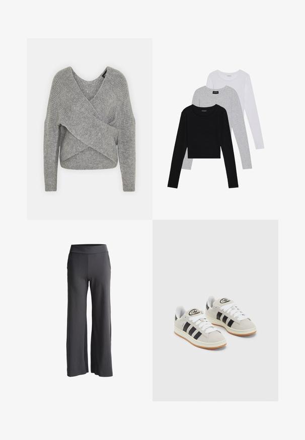 Pull en gris avec un col en V profond, des manches longues et une texture côtelée. Fabriqué en matériau tricoté doux avec un design asymétrique superposé.; Trois hauts à manches longues empilés : noir, gris et blanc. Chacun a un col rond et un design court avec un tissu lisse et léger.; Pantalon large en tissu gris foncé avec une texture douce. Dispose d'une taille haute élastique et de poches latérales pour plus de fonctionnalité.; Baskets en suède gris avec des lacets blancs, des rayures noires et une semelle en caoutchouc blanc. Présentent un logo circulaire sur la languette et une semelle en gomme.