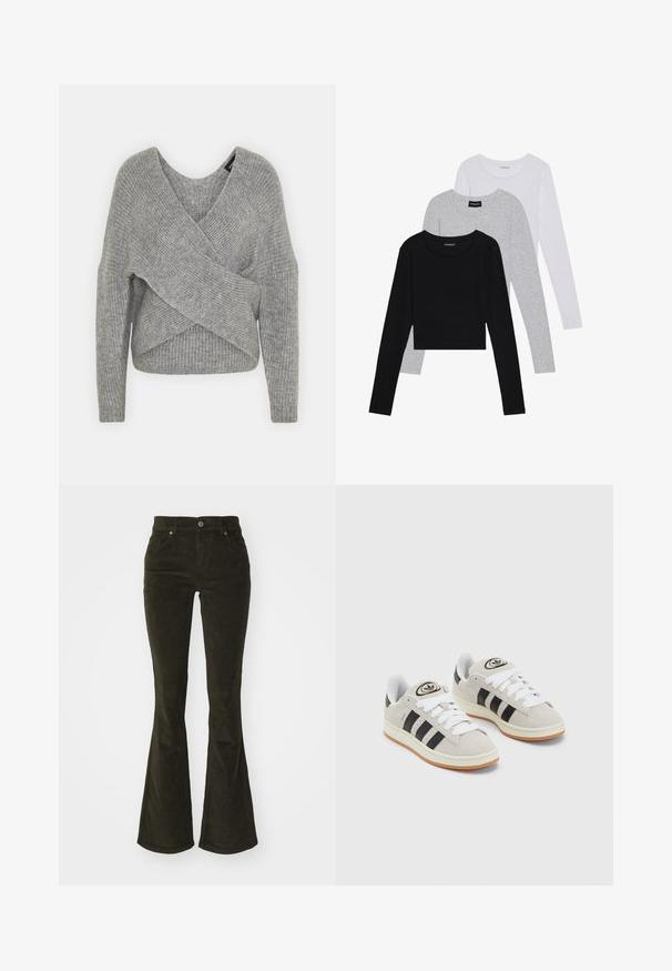 Šedý svetr s volnějším V-výstřihem, dlouhými rukávy a žebrovanou strukturou. Vyrobeno z měkké pleteniny s vrstveným, asymetrickým designem.; Tři trička s dlouhým rukávem naskládaná na sobě: černé, šedé a bílé. Každé má kulatý výstřih a kratší střih z hladkého, lehkého materiálu.; Rozšířené manšestrové kalhoty v tmavě zelené barvě. Obsahují přední kapsy, zapínání na knoflík a měkkou, texturovanou tkaninu s jemným žebrováním.; Šedé semišové tenisky s bílými tkaničkami, černými pruhy a bílou gumovou podrážkou. Mají kulaté logo na jazyku a gumovou podrážku.