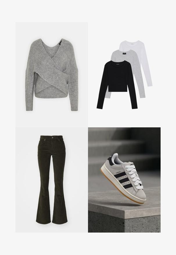 Pilkas aptraukiamas megztinis su giliu V formos iškirpimu, ilgomis rankovėmis ir riešutiniu tekstūru. Pagamintas iš minkštos megztos medžiagos su sluoksniuota, asimetrine konstrukcija.; Trijų ilgomis rankovėmis marškinėlių krūva: juodas, pilkas ir baltas. Kiekvienas turi apvalų iškirpimą ir trumpą dizainą, pagamintas iš lygaus, lengvo audinio.; Tamsiai žali flared džinsiniai kelnių. Ypatybės: priekinės kišenės, mygtuko uždarymas ir minkšta, tekstūruota medžiaga su briaunotu raštu.; Pilka Adidas Campus sportinio batelio su juodomis juostelėmis ir baltais batraiščiais, plūduriuojančio virš betoninės pakylos su laiptais fone.