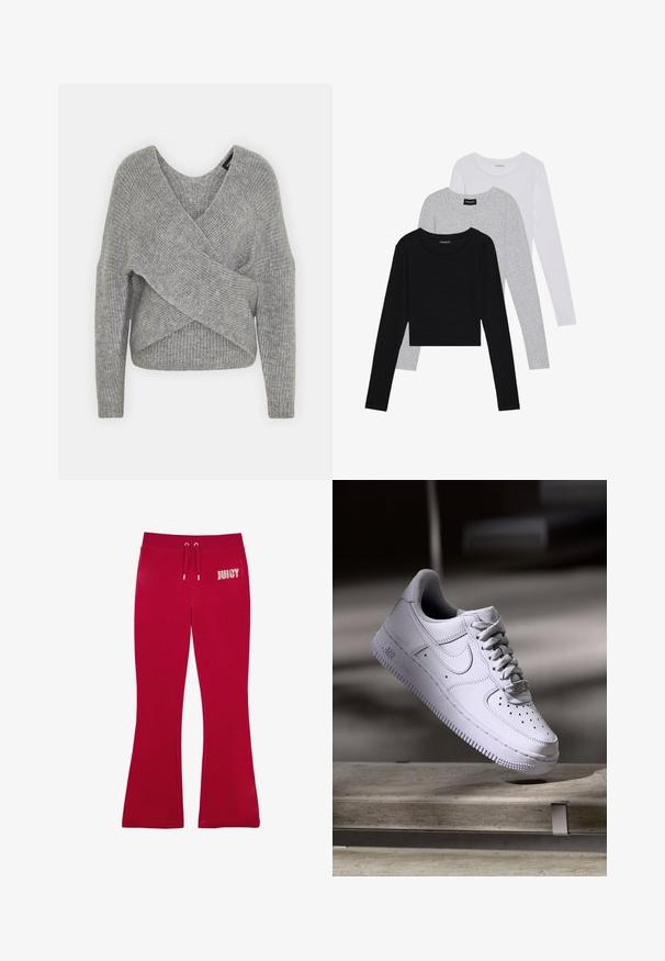 Grau umwickelter Pullover mit tiefem V-Ausschnitt, langen Ärmeln und gerippter Textur. Hergestellt aus einem weichen Strickmaterial mit einem geschichteten, asymmetrischen Design.; Drei langärmelige Oberteile gestapelt: schwarz, grau und weiß. Jedes hat einen runden Halsausschnitt und ein kurzes Design aus glattem, leichtem Stoff.; Rote Jogginghose aus einem weichen Material, mit einem ausgestellten Schnitt, einem Kordelzugbund und dem Schriftzug "JUICY", der am linken Hüftbereich mit Strasssteinen akzentuiert ist.; Weißer Nike Air Force 1 Sneaker schwebt über einer Betonoberfläche mit Schatten in einem minimalistischen Umfeld.