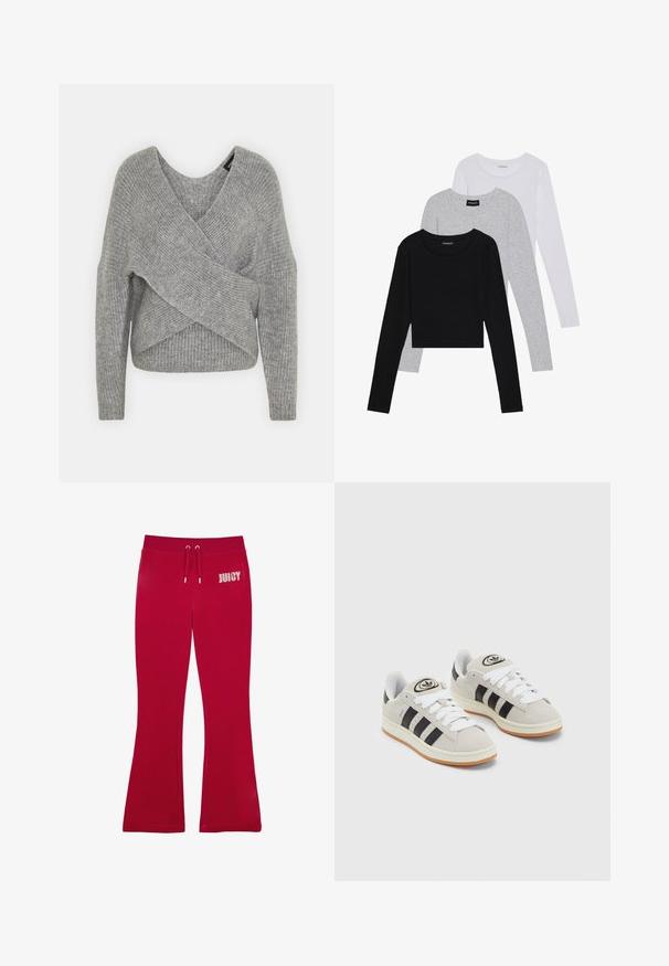 Grau umwickelter Pullover mit tiefem V-Ausschnitt, langen Ärmeln und gerippter Textur. Hergestellt aus einem weichen Strickmaterial mit einem geschichteten, asymmetrischen Design.; Drei langärmelige Oberteile gestapelt: schwarz, grau und weiß. Jedes hat einen runden Halsausschnitt und ein kurzes Design aus glattem, leichtem Stoff.; Rote Jogginghose aus einem weichen Material, mit einem ausgestellten Schnitt, einem Kordelzugbund und dem Schriftzug "JUICY", der am linken Hüftbereich mit Strasssteinen akzentuiert ist.; Graue Wildledersneaker mit weißen Schnürsenkeln, schwarzen Streifen und einer weißen Gummisohle. Merkmale sind ein kreisförmiges Logo auf der Zunge und eine Gummisohle.