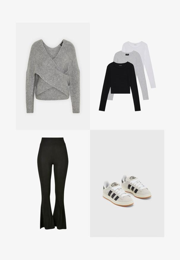 Gray wrap sweater with a deep V-neck, long sleeves, and ribbed texture. Made from a soft knit material with a layered, asymmetrical design.; Three long-sleeve tops stacked: black, grey, and white. Each has a round neckline and a cropped design with smooth, lightweight fabric.; Black ribbed pants featuring a flared hem, high waistband, and vertical stripes for added texture and style.; Gray suede sneakers with white laces, black stripes, and a white rubber sole. Features a circular logo on the tongue and a gum sole.