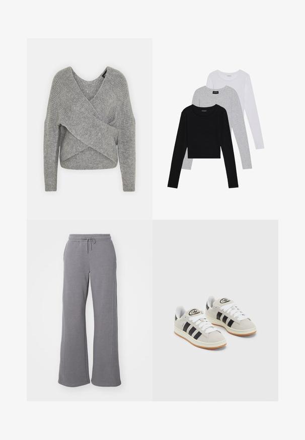 Siva ovitek pulover z globokim V-izrezom, dolgimi rokavi in ribasto teksturo. Narejen iz mehke pletene tkanine z plastnim, asimetričnim dizajnom.; Tri dolga rokava zložena: črna, siva in bela. Vsaka ima okroglo izreznico in skrajšan dizajn z gladkim, lahkotnim materialom.; Sive trenirke iz mehkega bombažnega materiala, z vrvico za pritrditev v pasu, stranskima žepoma in širokimi hlačnicami. Gladka tekstura brez vzorcev.; Sive športne čevlje iz semiša z belimi vezalkami, črnimi črtami in belim gumijastim podplatom. Imajo okroglo oznako na ježku in podplat iz gume.