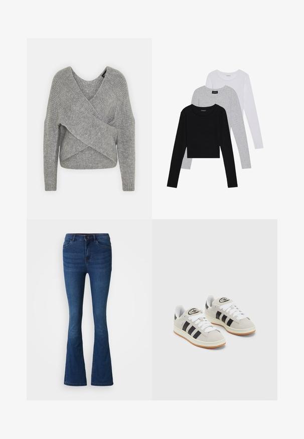 Harmaa neulejakku, jossa on syvä V-kaula-aukko, pitkät hihat ja ribboitu pinta. Valmistettu pehmeästä neuloksesta, jossa on kerroksellinen ja epäsymmetrinen muotoilu.; Kolme pitkähihasta paita päällekkäin: musta, harmaa ja valkoinen. Jokaisessa on pyöreä pääntie ja lyhennetty muotoilu, jossa on sileä ja kevyt kangas.; Tummansininen farkkukangas flare-farkut, joissa on etu- ja takataskut, nappi- ja vetoketjusulku sekä haalistumat reisissä ja polvissa.; Harmaat mokkasiinikenkä, joissa on valkoiset nauhat, mustat raidat ja valkoinen kumipohja. Kantajassa on pyöreä logo ja vaaleanruskea pohja.