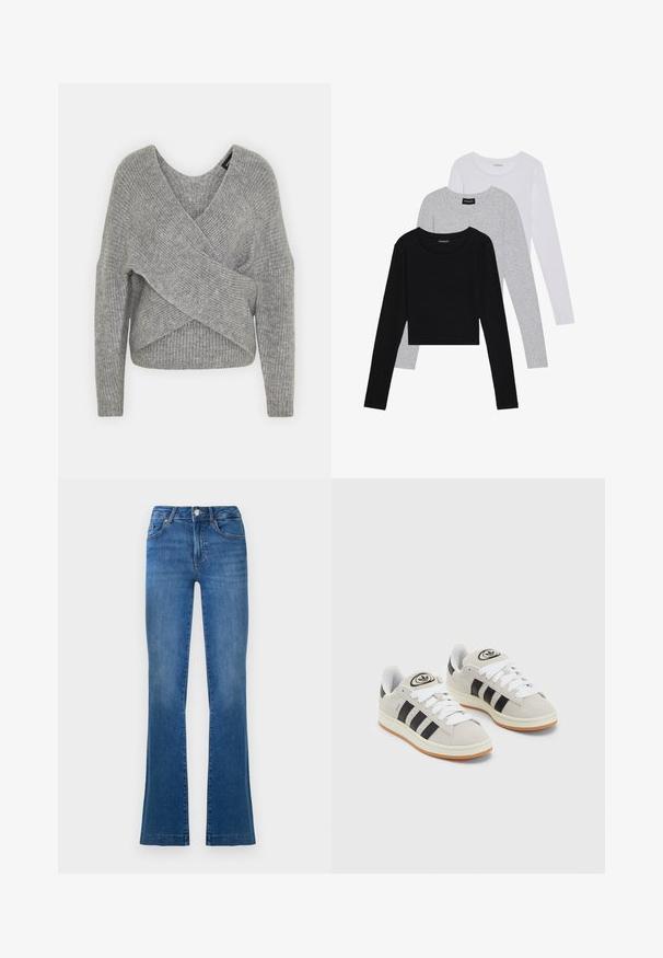 Hallide hallhargus, sügava V-kaelusega, pikkade varrukatega ja ribatrepiga. Valmistatud pehmest kudumismetallist, millel on kihiline, asümmeetriline disain.; Kolm pikkade varrukatega toppi, mis on üksteise peale asetatud: must, hall ja valge. Igal ühel on ümar kaelus ja lühike disain, valmistatud siledast, kergekaalulisest kangast.; Sinised laiad teksapüksid, mis on valmistatud denimist, klassikalise viie-tasku kujundusega, ees nupuga kinni pandavad ja reite piirkonnas veidi kulunud kohtadega.; Hallid hallid nahkrennid valgete paeltega, mustade triipudega ja valge kummitaldiga. Omab ümmargust logo keeles ja kummitalda.