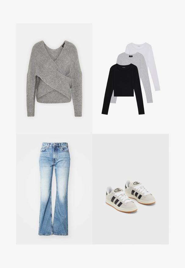 Gray wrap sweater with a deep V-neck, long sleeves, and ribbed texture. Made from a soft knit material with a layered, asymmetrical design.; Three long-sleeve tops stacked: black, grey, and white. Each has a round neckline and a cropped design with smooth, lightweight fabric.; High-waisted, flared blue jeans with a faded wash, made of denim. Features a five-pocket design and visible stitching along the edges.; Gray suede sneakers with white laces, black stripes, and a white rubber sole. Features a circular logo on the tongue and a gum sole.