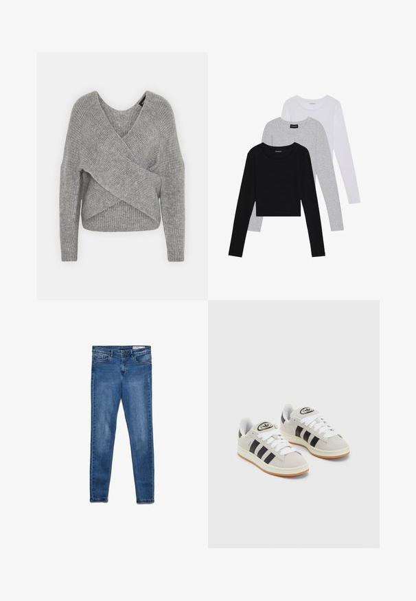 Siva omotana vestica s dubokim V-izrezom, dugim rukavima i rebrastom teksturom. Izrađena od mekog pletenog materijala s slojevitim, asimetričnim dizajnom.; Tri dugih rukava posložena: crna, siva i bijela. Svaka ima okrugli izrez i skrateni kroj s glatkom, laganom tkaninom.; Tamno plave traperice od trapera klasičnog uskog kroja. Imaju pet džepova, patentni zatvarač i suptilno blijeđenje za teksturu.; Sive suede tenisice s bijelim vezicama, crnim prugama i bijelim gumiranim potplatom. Imaju kružni logo na jeziku i gumeni potplat.