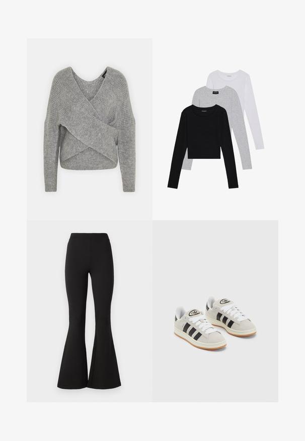 Pilkas aptraukiamas megztinis su giliu V formos iškirpimu, ilgomis rankovėmis ir riešutiniu tekstūru. Pagamintas iš minkštos megztos medžiagos su sluoksniuota, asimetrine konstrukcija.; Trijų ilgomis rankovėmis marškinėlių krūva: juodas, pilkas ir baltas. Kiekvienas turi apvalų iškirpimą ir trumpą dizainą, pagamintas iš lygaus, lengvo audinio.; Juodi platėjantys leggingsai, pagaminti iš tampraus audinio, su aukštu juosmeniu ir lygiu paviršiumi, siaurėjantys link plačios dalies ties kulkšnimis.; Grynos zomšos sneakeriai su baltais raišteliais, juodomis juostelėmis ir balta gumine sole. Turintys apskritą logotipą ant liežuvėlio ir guminę sole.