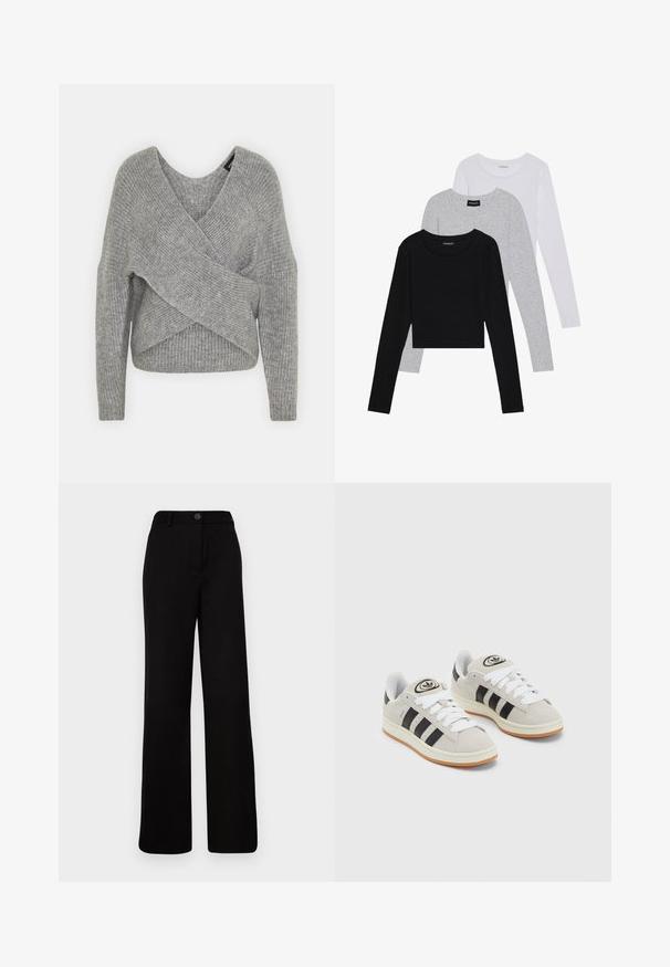 Siva ovitek pulover z globokim V-izrezom, dolgimi rokavi in ribasto teksturo. Narejen iz mehke pletene tkanine z plastnim, asimetričnim dizajnom.; Tri dolga rokava zložena: črna, siva in bela. Vsaka ima okroglo izreznico in skrajšan dizajn z gladkim, lahkotnim materialom.; Črne široke hlače s ravnim sprednjim delom, zapiranjem na gumb in strukturiranim pasom. Narejene iz gladkega blaga s klasičnim krojem.; Sive športne čevlje iz semiša z belimi vezalkami, črnimi črtami in belim gumijastim podplatom. Imajo okroglo oznako na ježku in podplat iz gume.