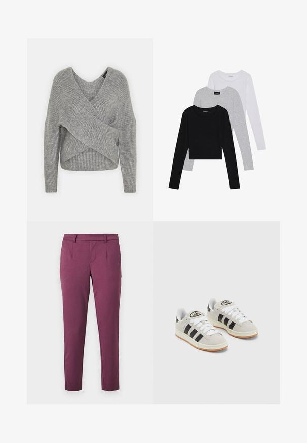 Pull en gris avec un col en V profond, des manches longues et une texture côtelée. Fabriqué en matériau tricoté doux avec un design asymétrique superposé.; Trois hauts à manches longues empilés : noir, gris et blanc. Chacun a un col rond et un design court avec un tissu lisse et léger.; Un pantalon droit de couleur prune avec des passants de ceinture, des poches latérales et une taille ajustée sur un fond blanc.; Baskets en suède gris avec des lacets blancs, des rayures noires et une semelle en caoutchouc blanc. Présentent un logo circulaire sur la languette et une semelle en gomme.