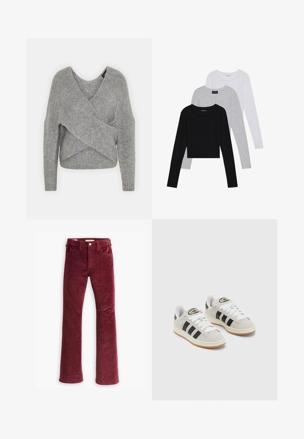 Šedý svetr s volnějším V-výstřihem, dlouhými rukávy a žebrovanou strukturou. Vyrobeno z měkké pleteniny s vrstveným, asymetrickým designem.; Tři trička s dlouhým rukávem naskládaná na sobě: černé, šedé a bílé. Každé má kulatý výstřih a kratší střih z hladkého, lehkého materiálu.; Levi's® 726™ FLARE - Široké džíny - windsor wine; Šedé semišové tenisky s bílými tkaničkami, černými pruhy a bílou gumovou podrážkou. Mají kulaté logo na jazyku a gumovou podrážku.